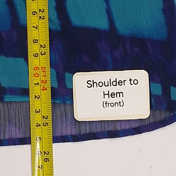 Coldwater Creek Blue Sz L/14 Blouse Abstract Print Short Sleeve Flowy Elegant - Picture 12 of 13